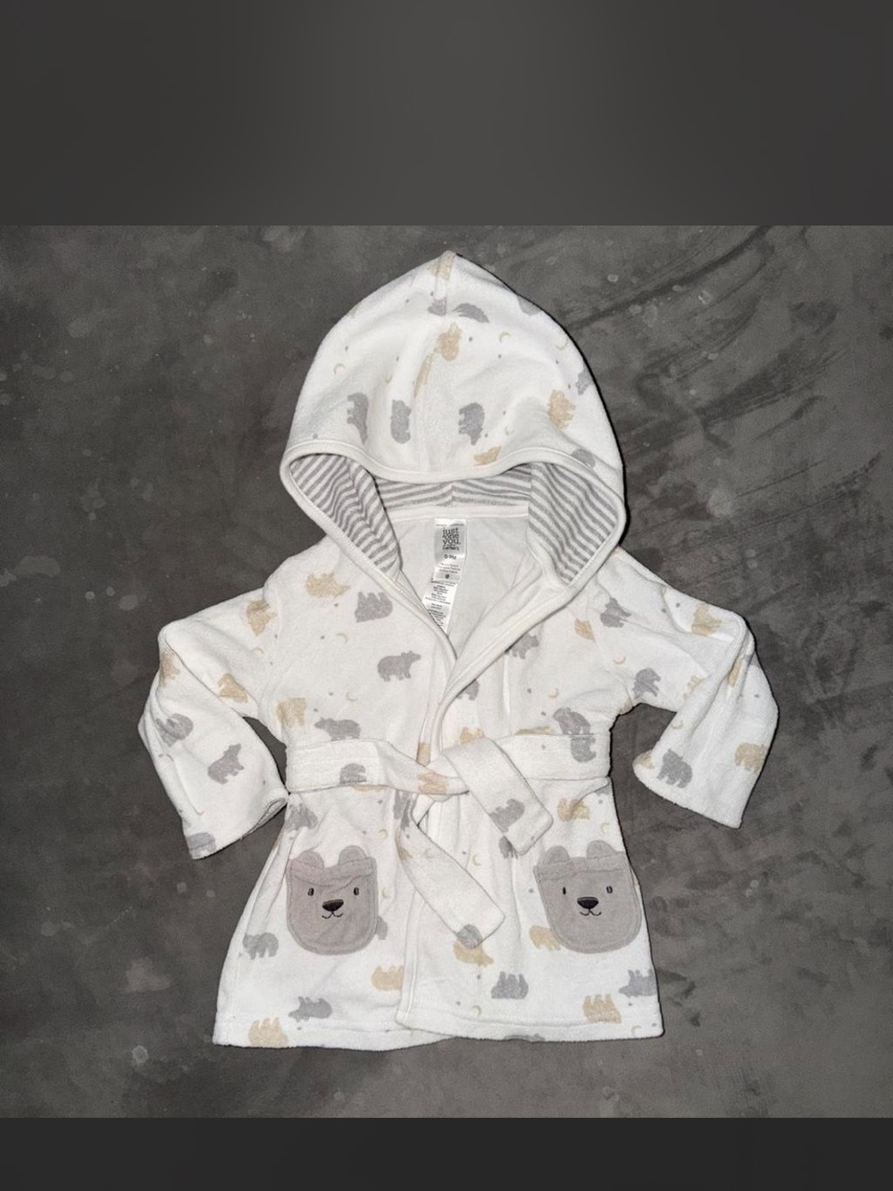 Carter's White Hooded Kids Robe with Gray and Cream Bear Motif